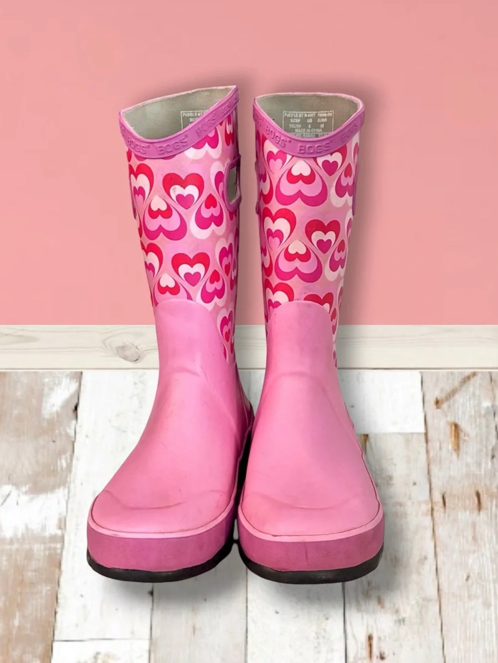 Bogs Girls Rain Boots Waterproof Pink Heart Size 3 VGUC ☔️